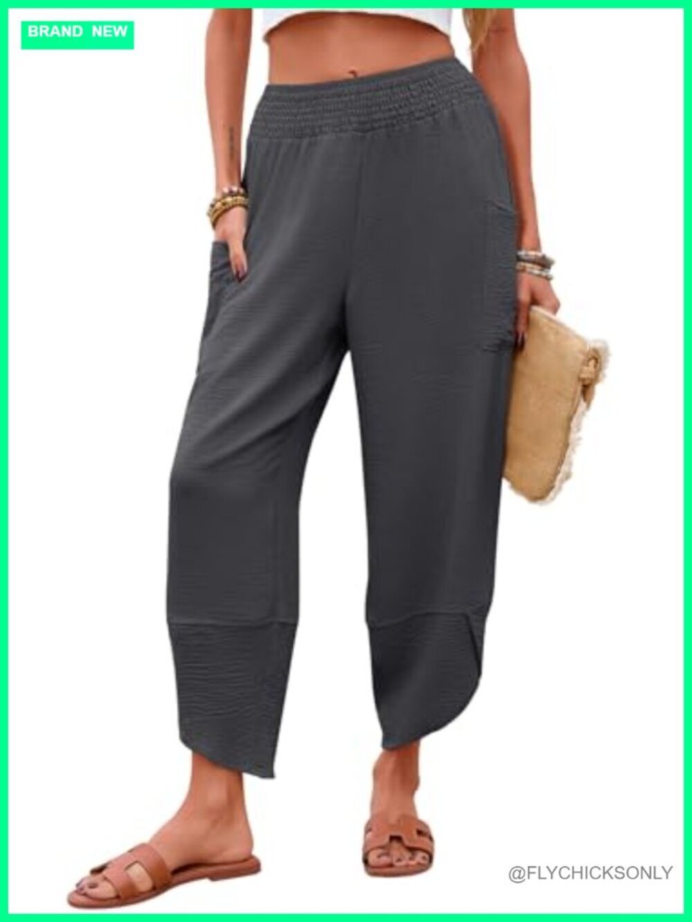Wide Leg Cropped Capri Pants with Pockets Smocked Waist Casual